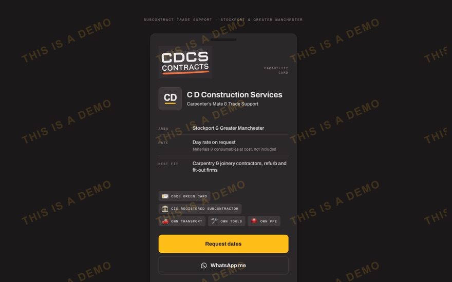 The CDCS Contracts demo capability card for C D Construction Services: carpenter's mate and trade support, Stockport and Greater Manchester, with a THIS IS A DEMO watermark.