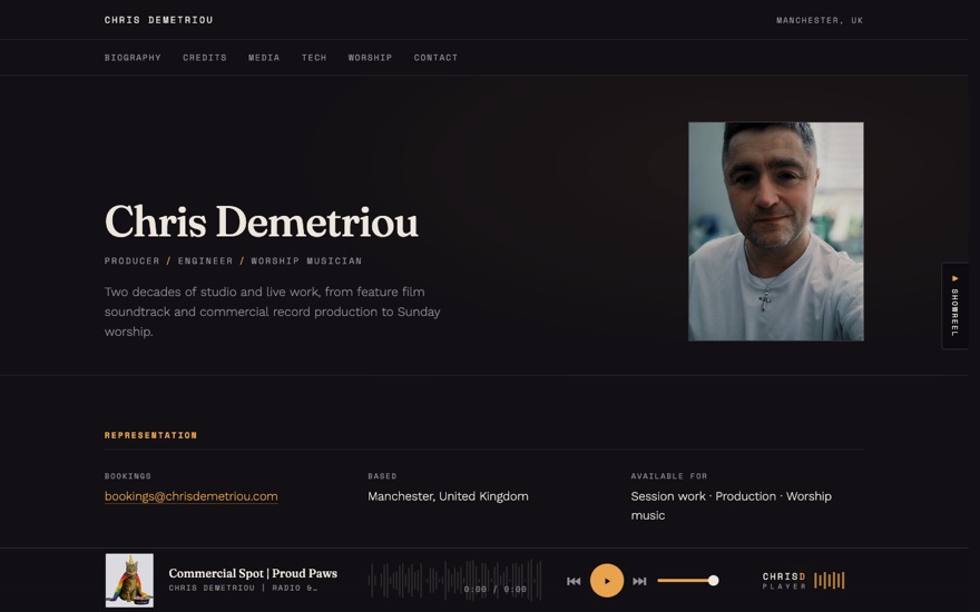 chrisdemetriou.com: name, roles and portrait above the bookings details, with the custom audio player along the bottom.