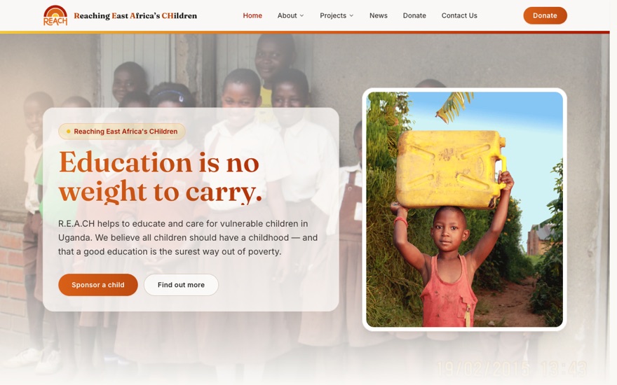 The R.E.A.CH charity home page: "Education is no weight to carry", with Sponsor a child and Find out more buttons.